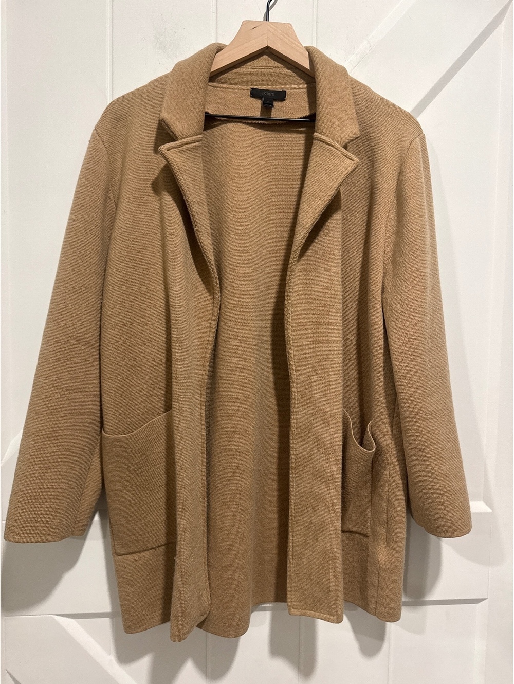 J.Crew Camel 100% Merino Wool Open Front Cardigan Jacket, Size Large